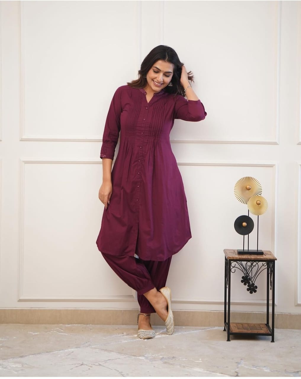 Premium cotton kurta with pleated pattern  with Embroidery collar and embroidery sleeve