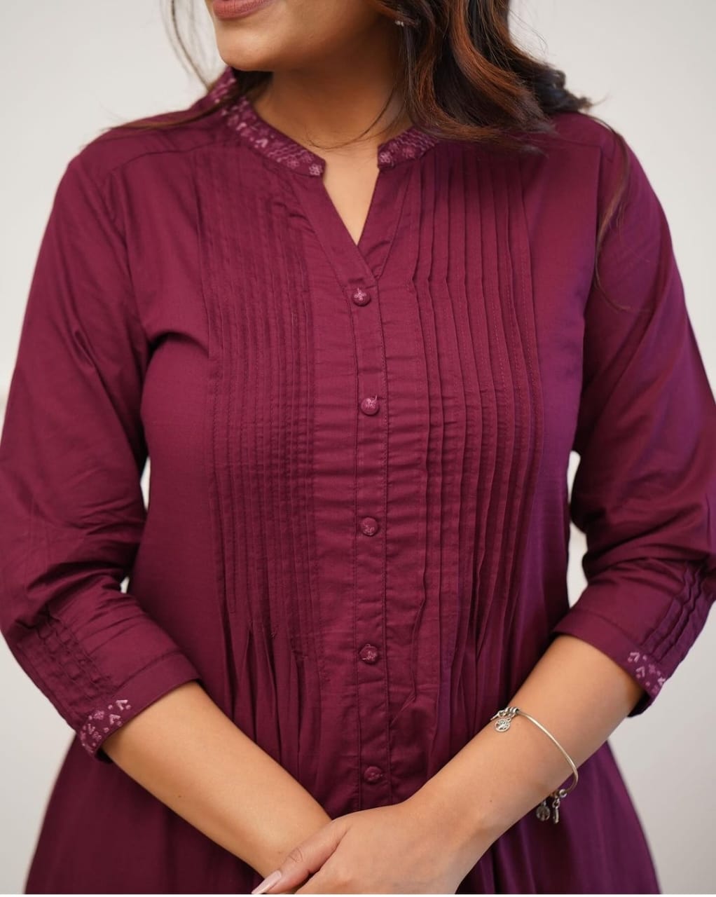 Premium cotton kurta with pleated pattern  with Embroidery collar and embroidery sleeve
