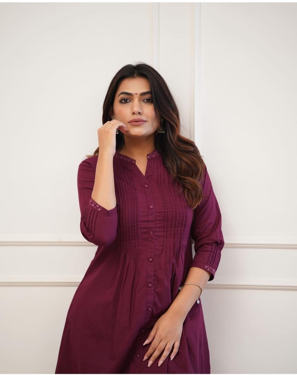 Premium cotton kurta with pleated pattern  with Embroidery collar and embroidery sleeve