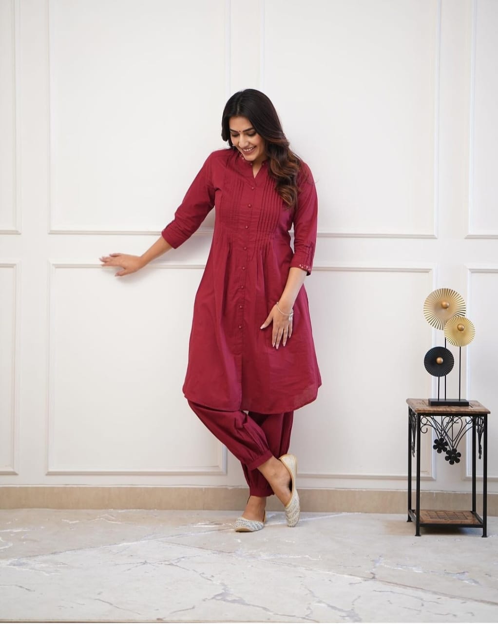 Premium cotton kurta with pleated pattern  with Embroidery collar and embroidery sleeve