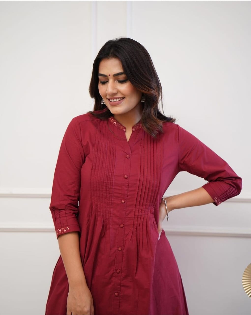Premium cotton kurta with pleated pattern  with Embroidery collar and embroidery sleeve