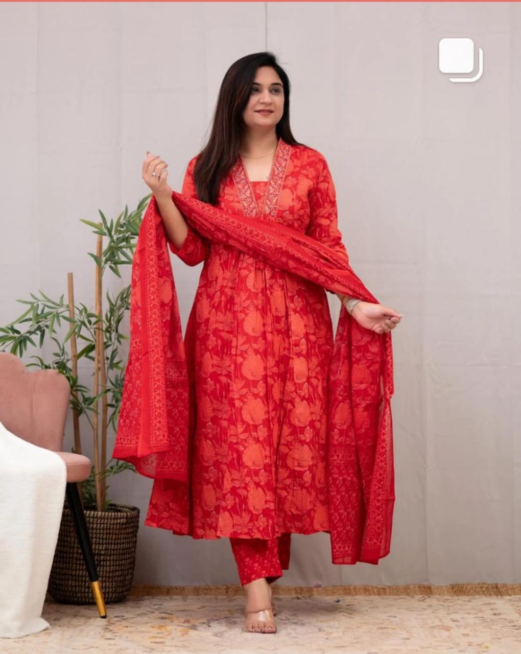mustard and red Floral simple suit set which is decorated with finest and motifs with matching pants and dupatta