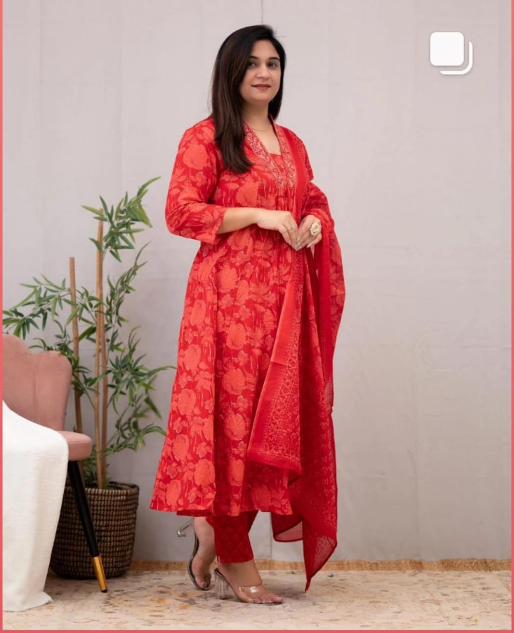 mustard and red Floral simple suit set which is decorated with finest and motifs with matching pants and dupatta