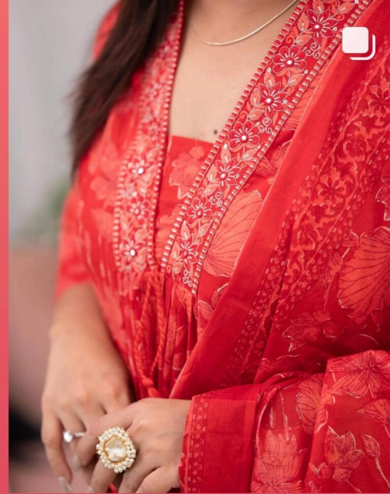 mustard and red Floral simple suit set which is decorated with finest and motifs with matching pants and dupatta