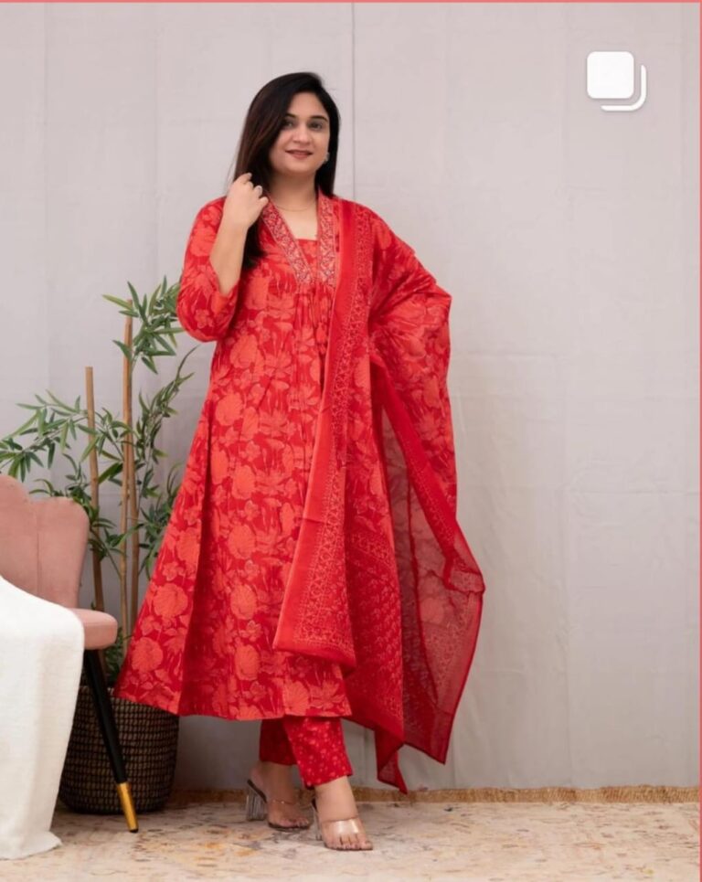 mustard and red Floral simple suit set which is decorated with finest and motifs with matching pants and dupatta