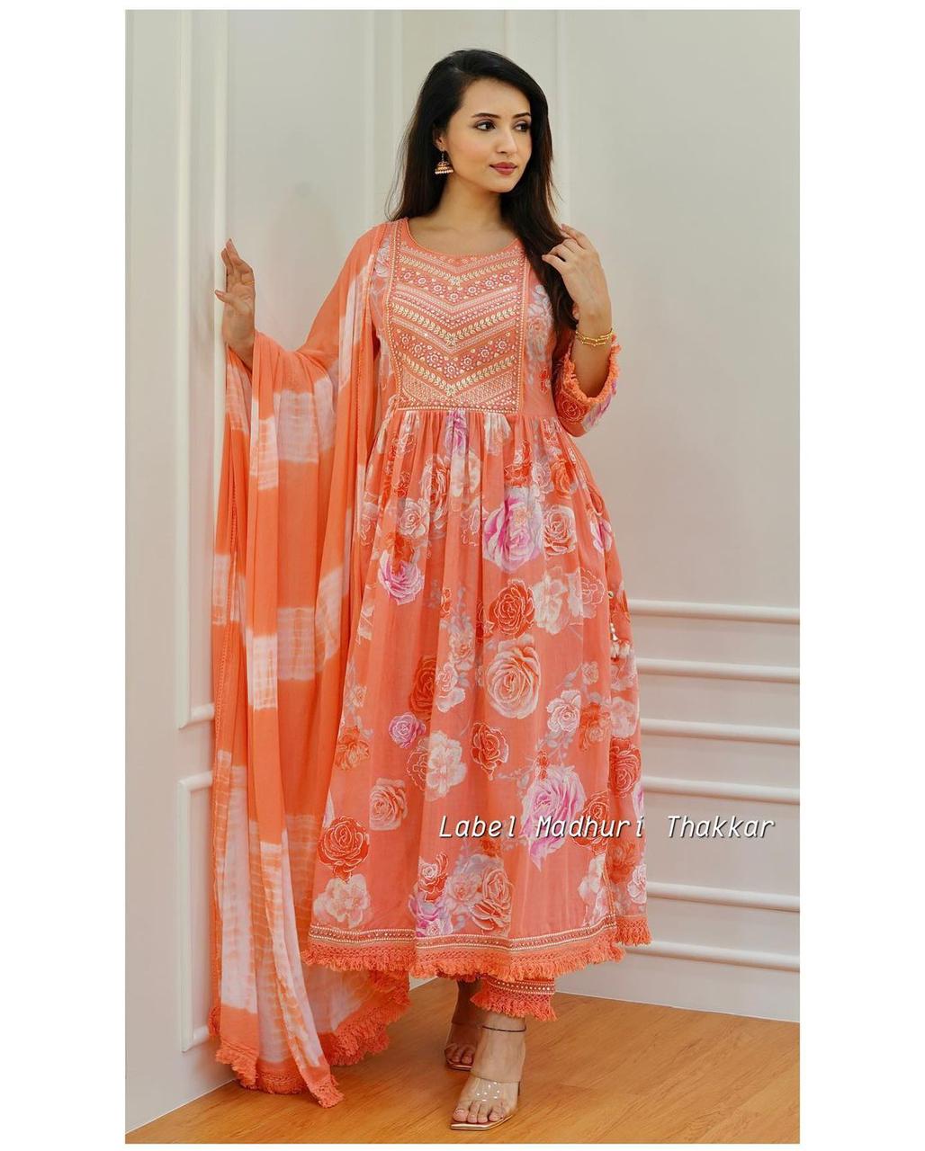 Fine riyon Silk fabric with  embrioday naira cut kurti