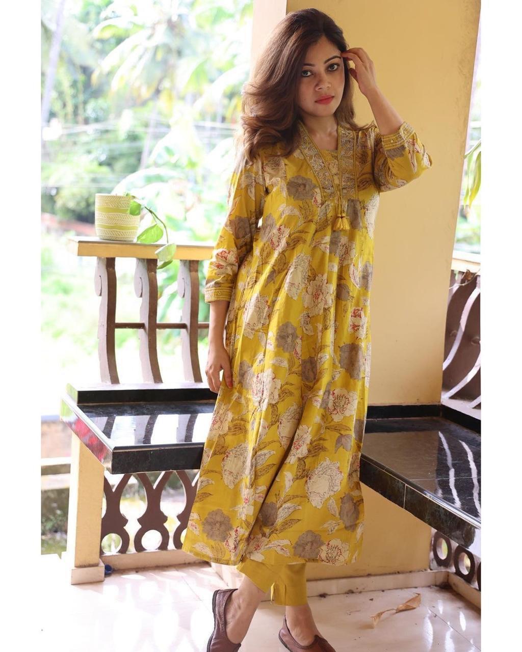 kurti pant sets with beautiful neck katha& Embroidery work