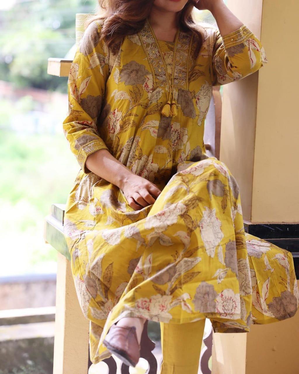 kurti pant sets with beautiful neck katha& Embroidery work
