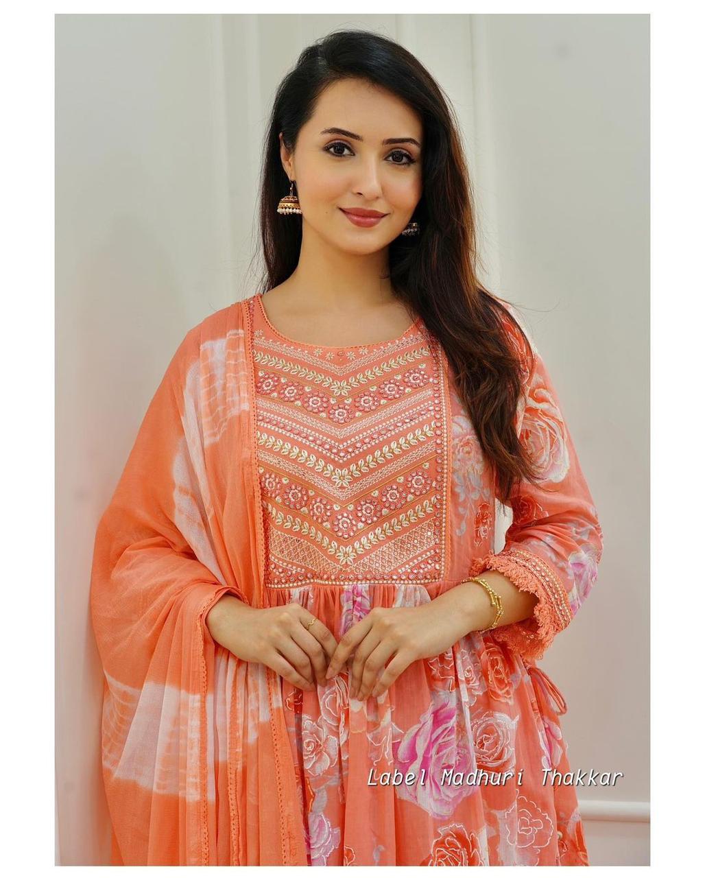 Fine riyon Silk fabric with  embrioday naira cut kurti