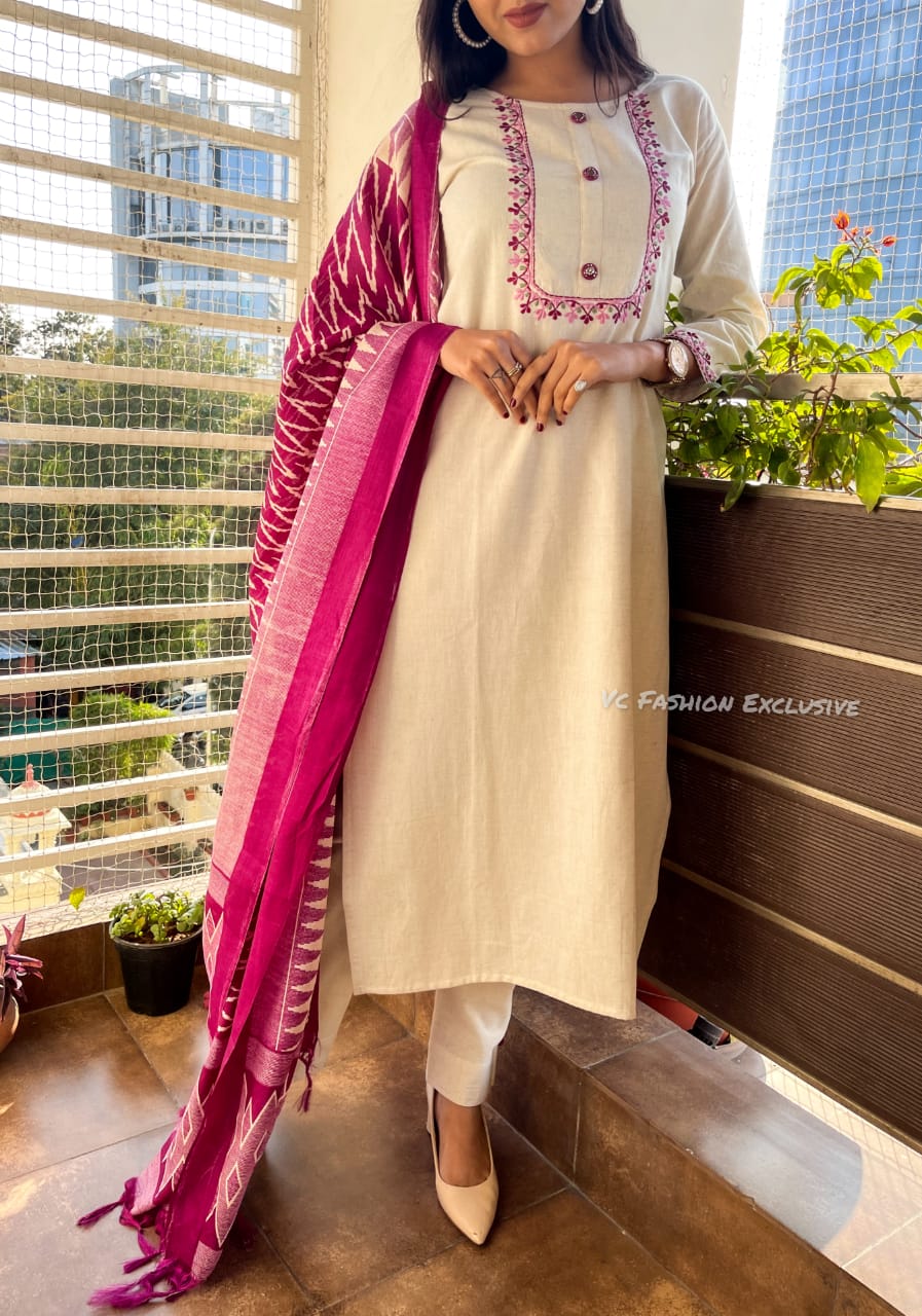 HANDLOOM khadi cotton flex weaving based fabric all over embroidery & Paired with straight cotton flex pant.