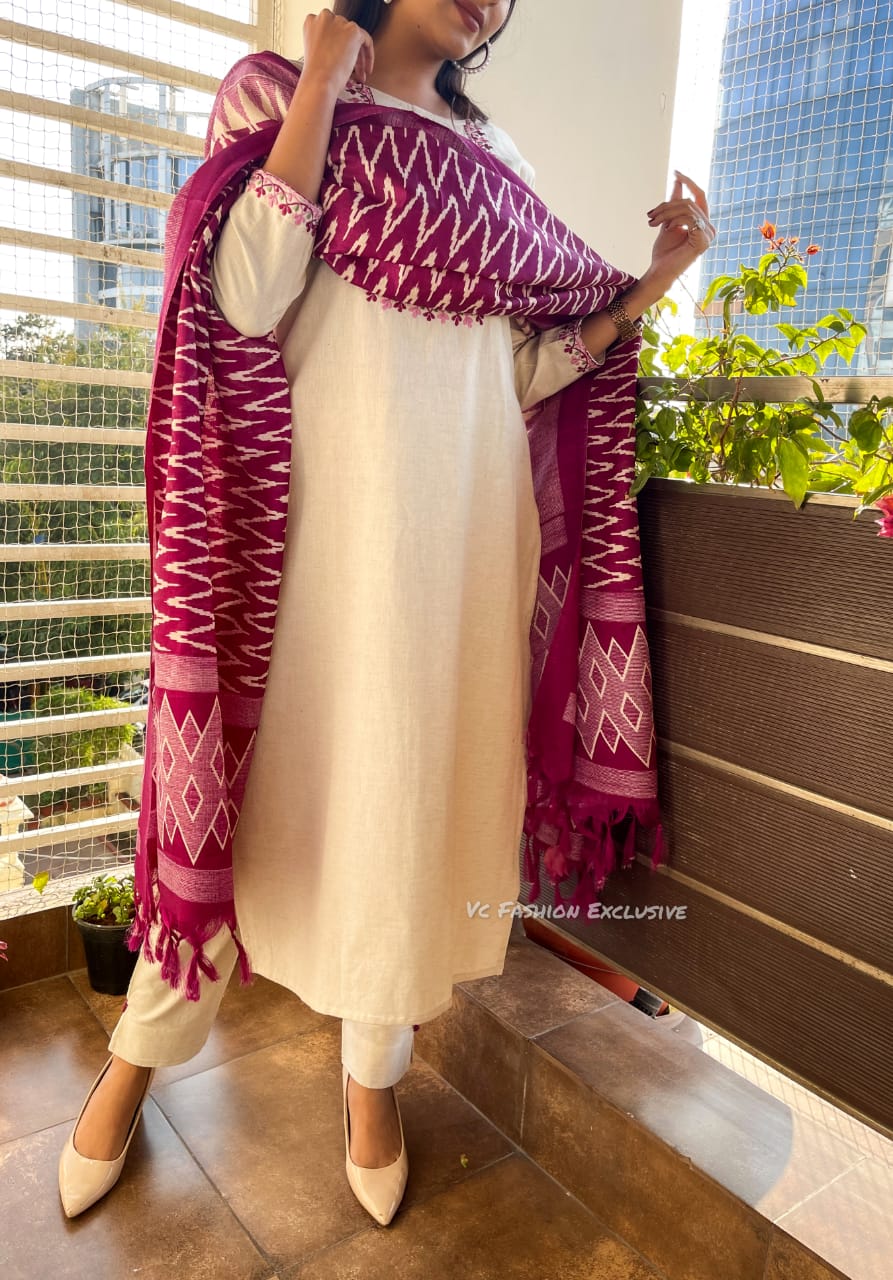 HANDLOOM khadi cotton flex weaving based fabric all over embroidery & Paired with straight cotton flex pant.