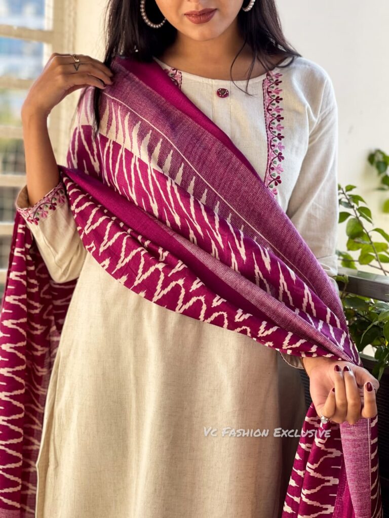 HANDLOOM khadi cotton flex weaving based fabric all over embroidery & Paired with straight cotton flex pant.