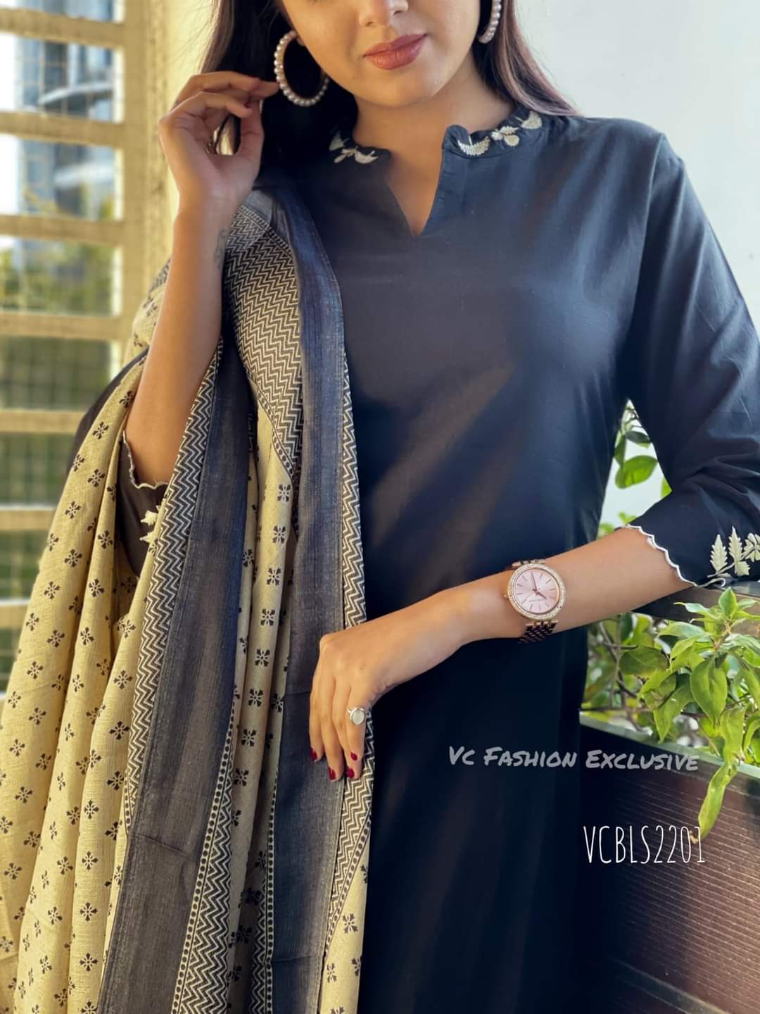 black Cotton Kurta set with matching straight pants