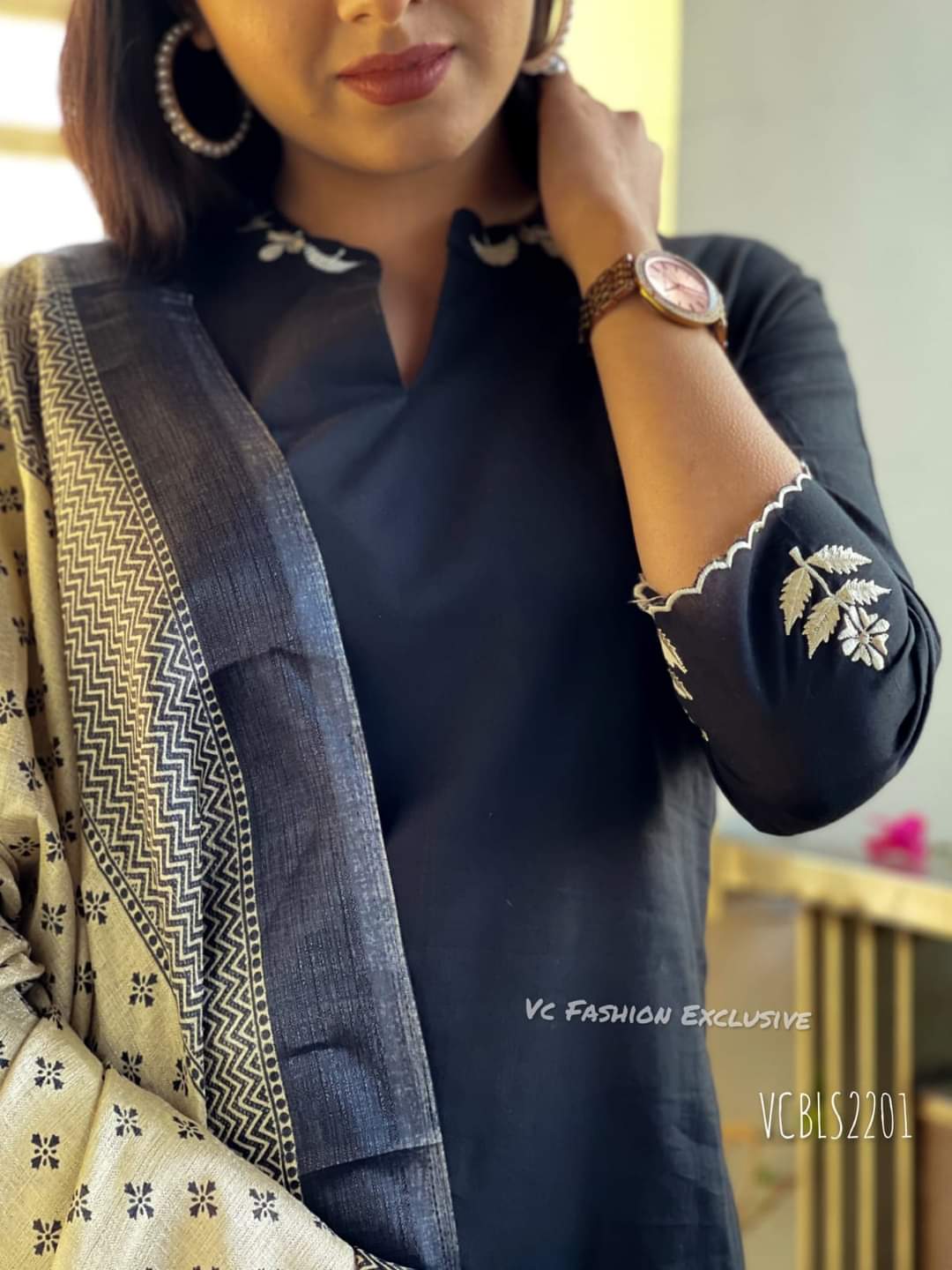 black Cotton Kurta set with matching straight pants