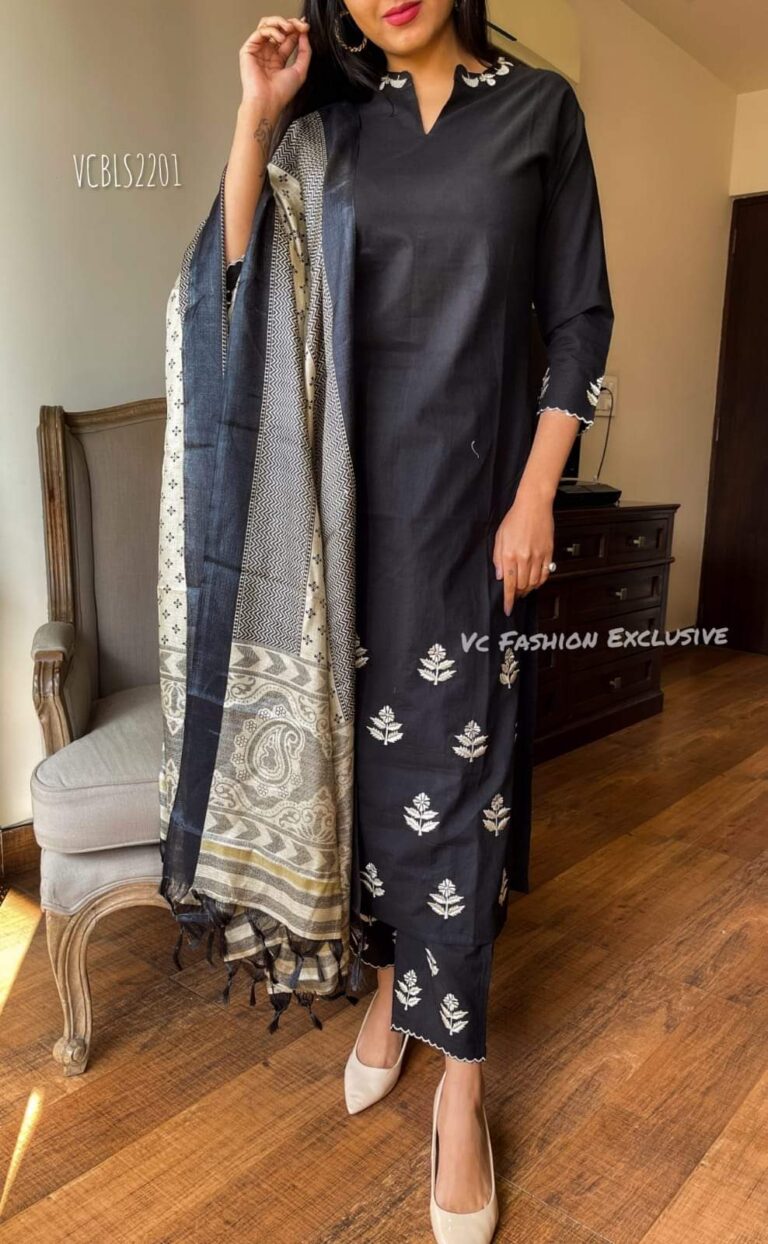 black Cotton Kurta set with matching straight pants