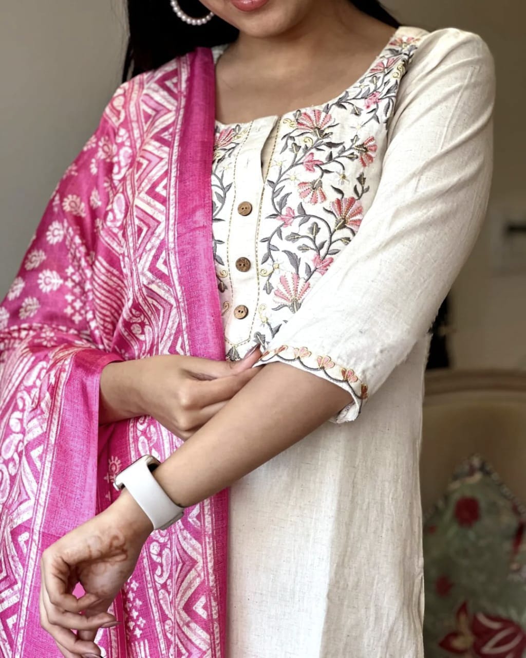 Pure handloom khadi cotton weaving based fabric all over embroidery. Paired with straight cotton pant