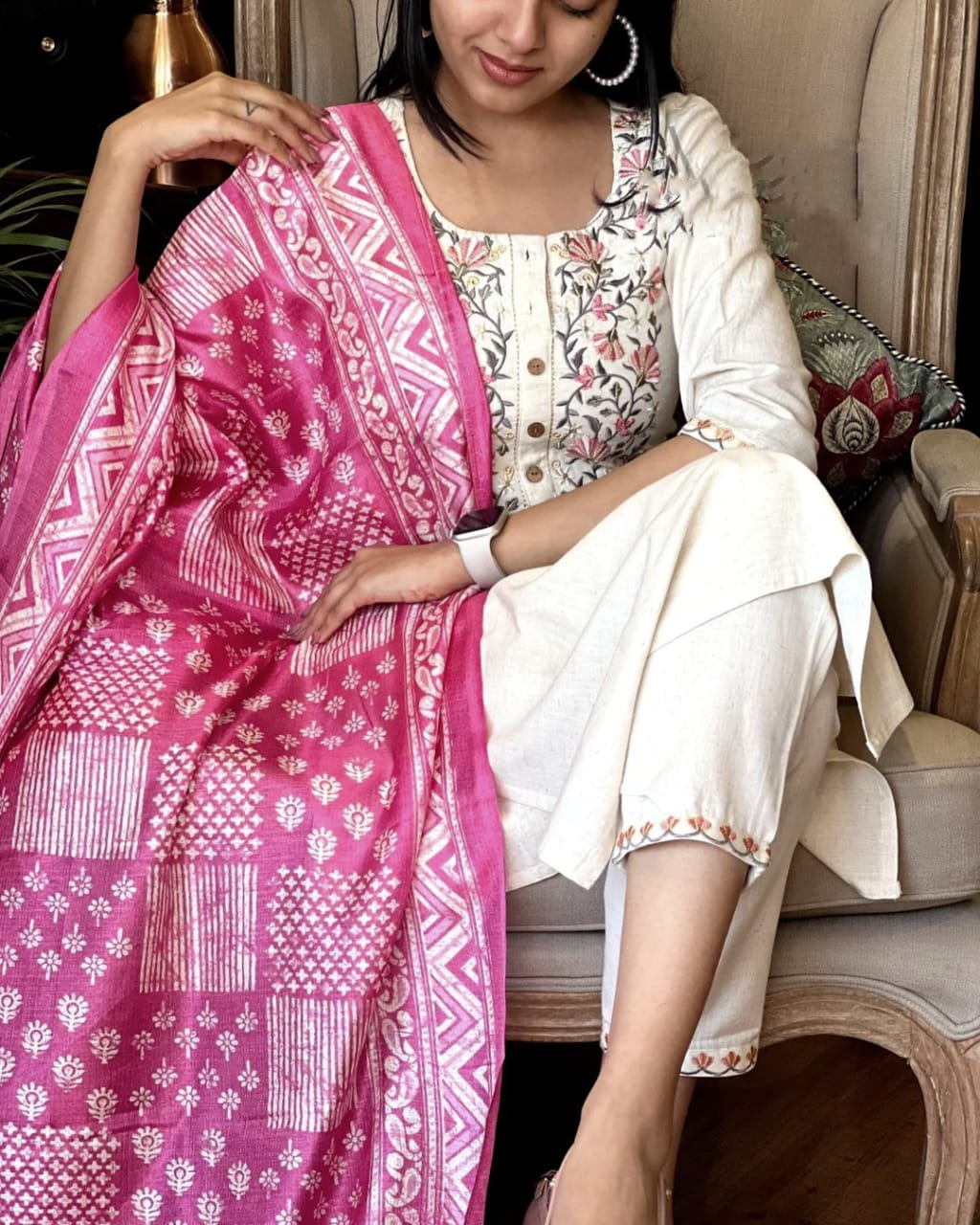 Pure handloom khadi cotton weaving based fabric all over embroidery. Paired with straight cotton pant