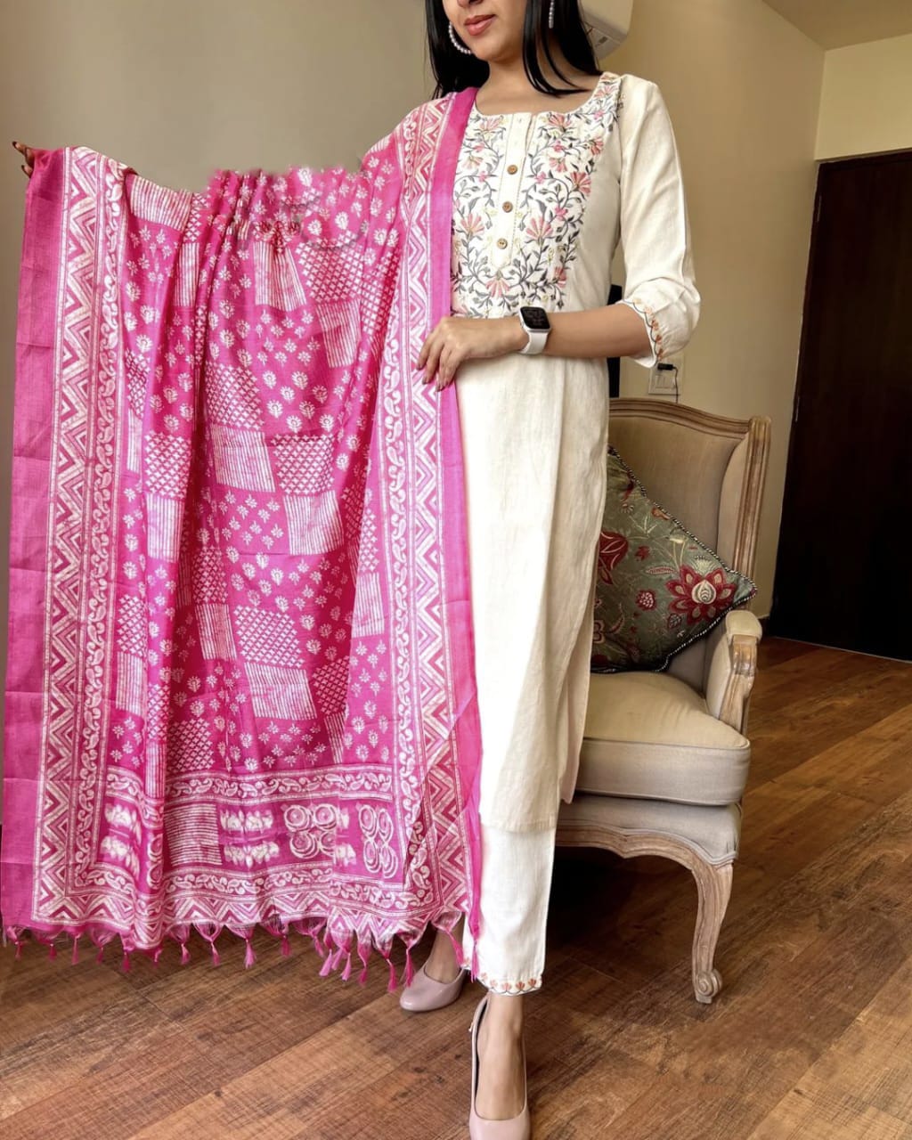 Pure handloom khadi cotton weaving based fabric all over embroidery. Paired with straight cotton pant