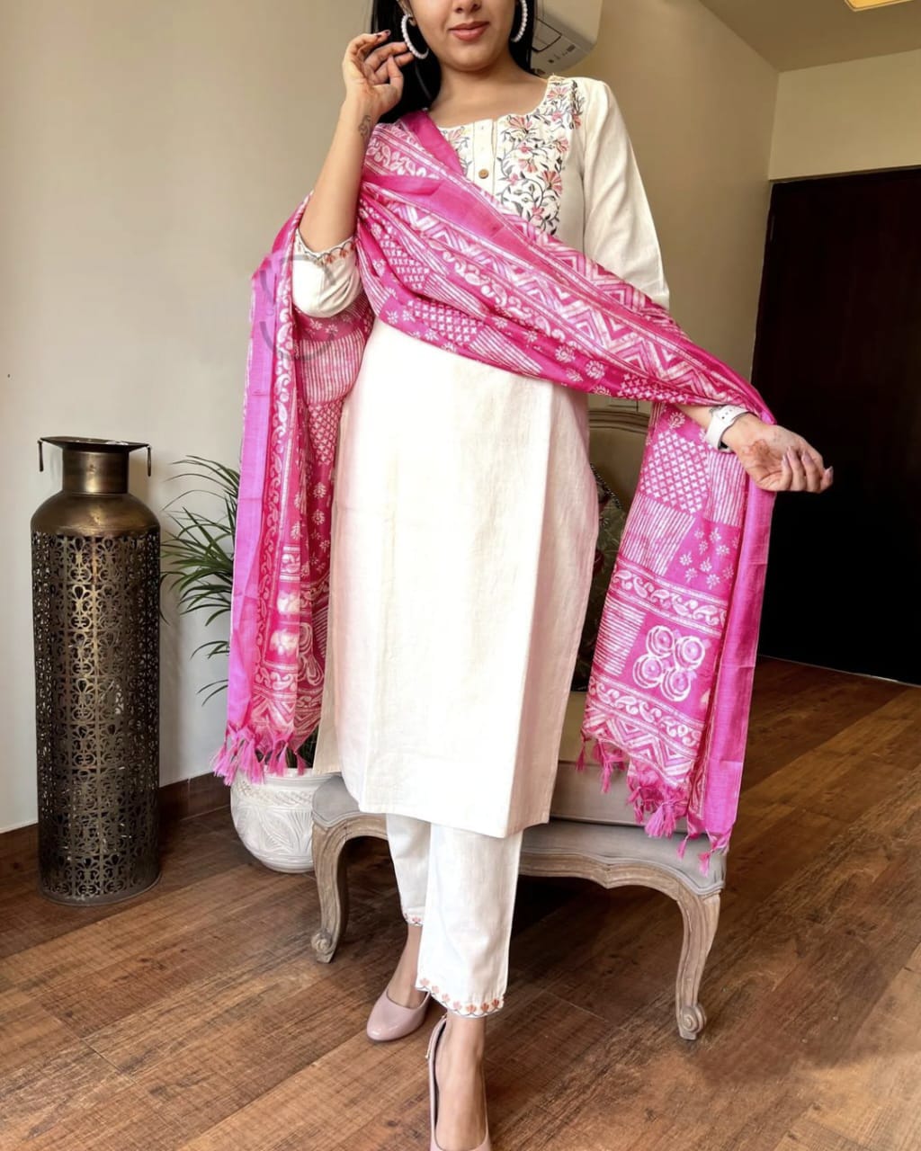 Pure handloom khadi cotton weaving based fabric all over embroidery. Paired with straight cotton pant