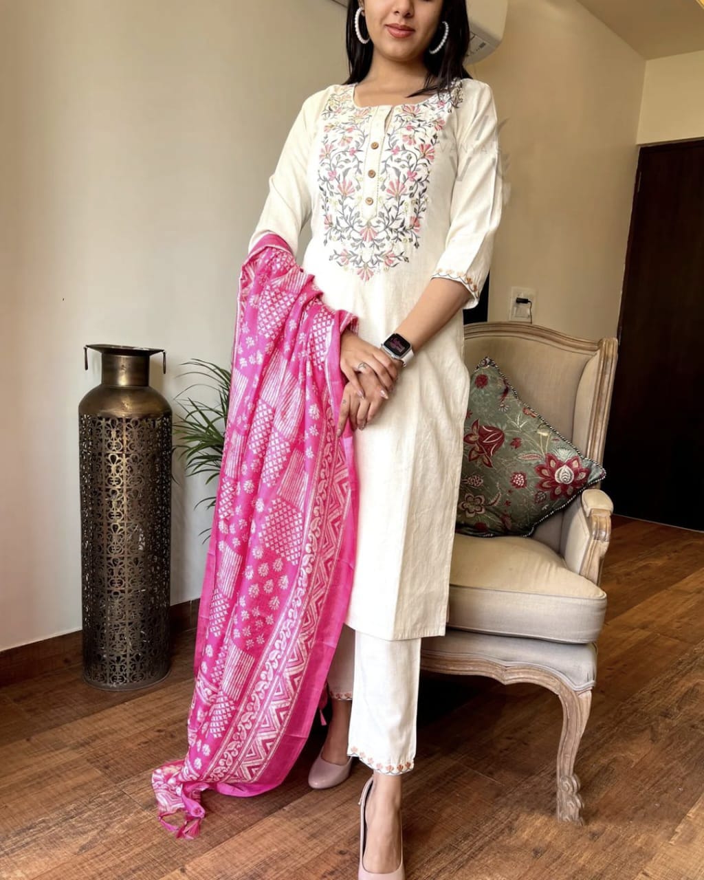 Pure handloom khadi cotton weaving based fabric all over embroidery. Paired with straight cotton pant
