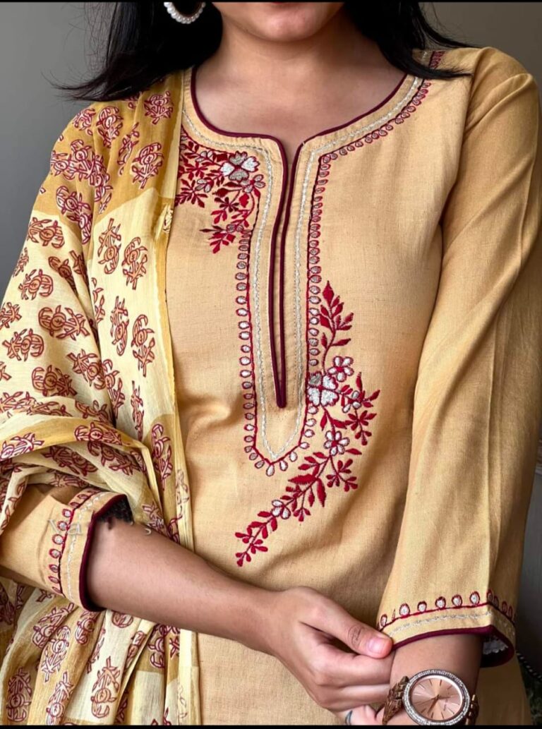 Handloom cotton kurta pant and malmal printed  Dupatta set