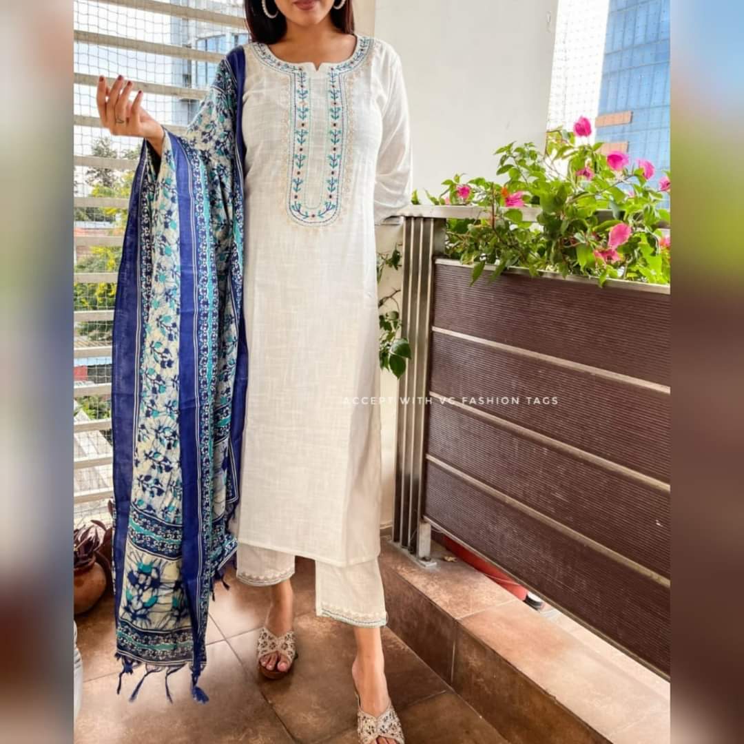 Handloom cotton slub kurta pant and khadi silk Dupatta set