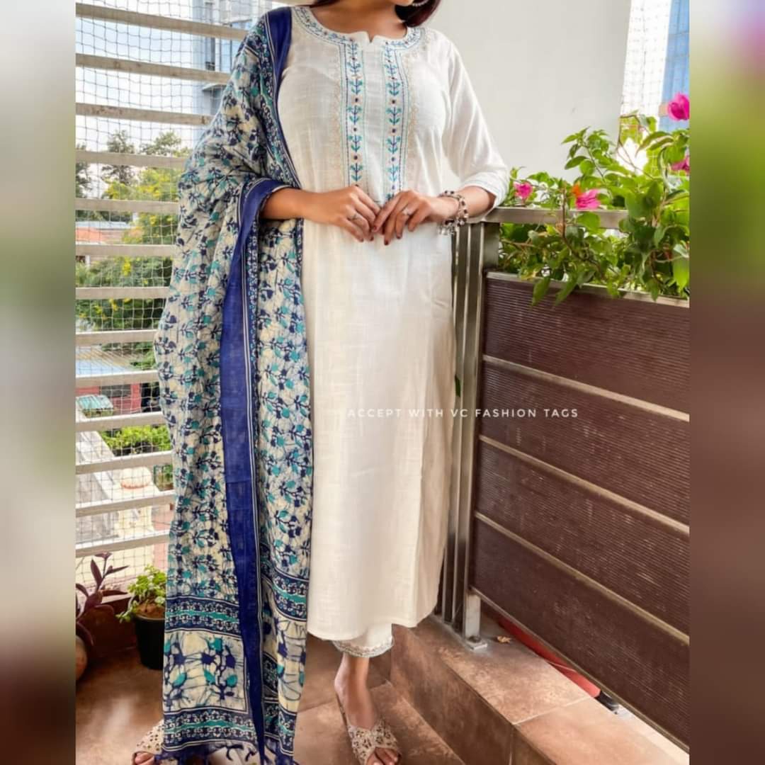 Handloom cotton slub kurta pant and khadi silk Dupatta set