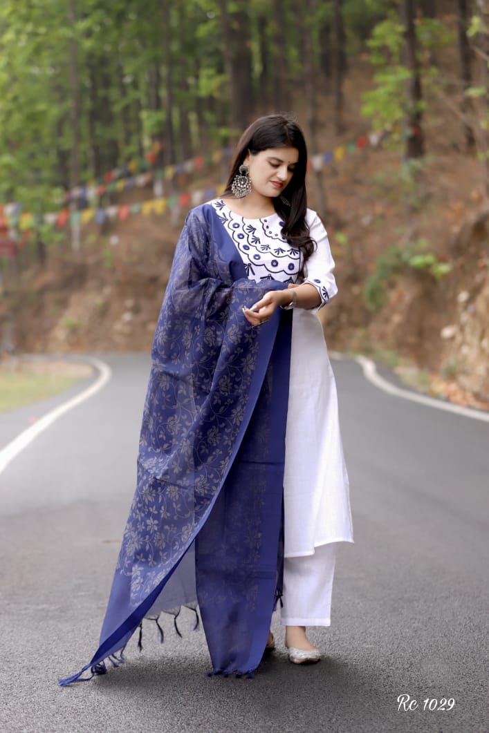 Mirror embellishments with heavy embroidery on yoke & sleeves  Paired with cotton pant