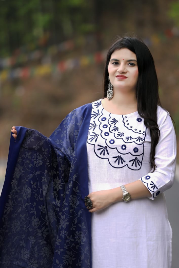 Mirror embellishments with heavy embroidery on yoke & sleeves  Paired with cotton pant
