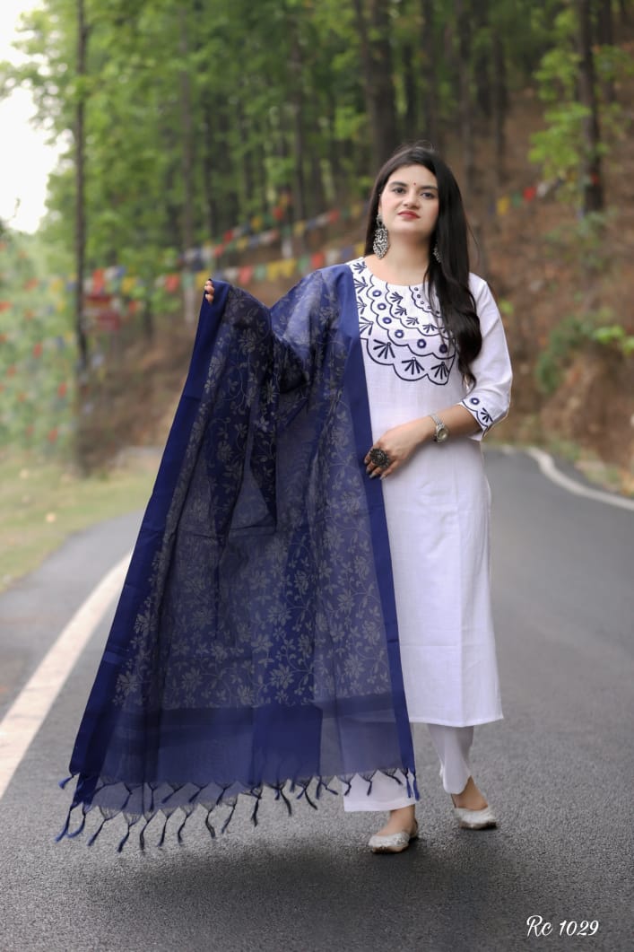 Mirror embellishments with heavy embroidery on yoke & sleeves  Paired with cotton pant