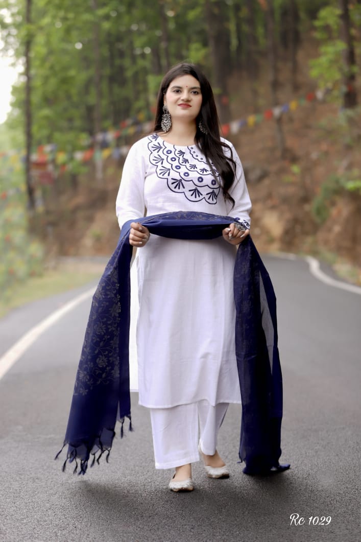 Mirror embellishments with heavy embroidery on yoke & sleeves  Paired with cotton pant