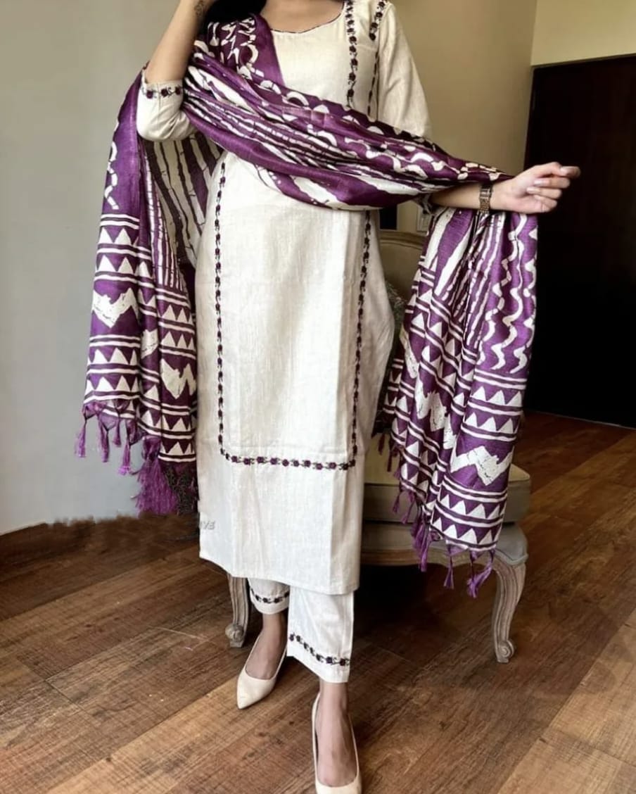 Handloom cotton kurta pant and khadi silk ikkat print  Dupatta set