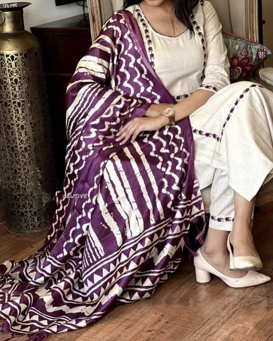 Handloom cotton kurta pant and khadi silk ikkat print  Dupatta set