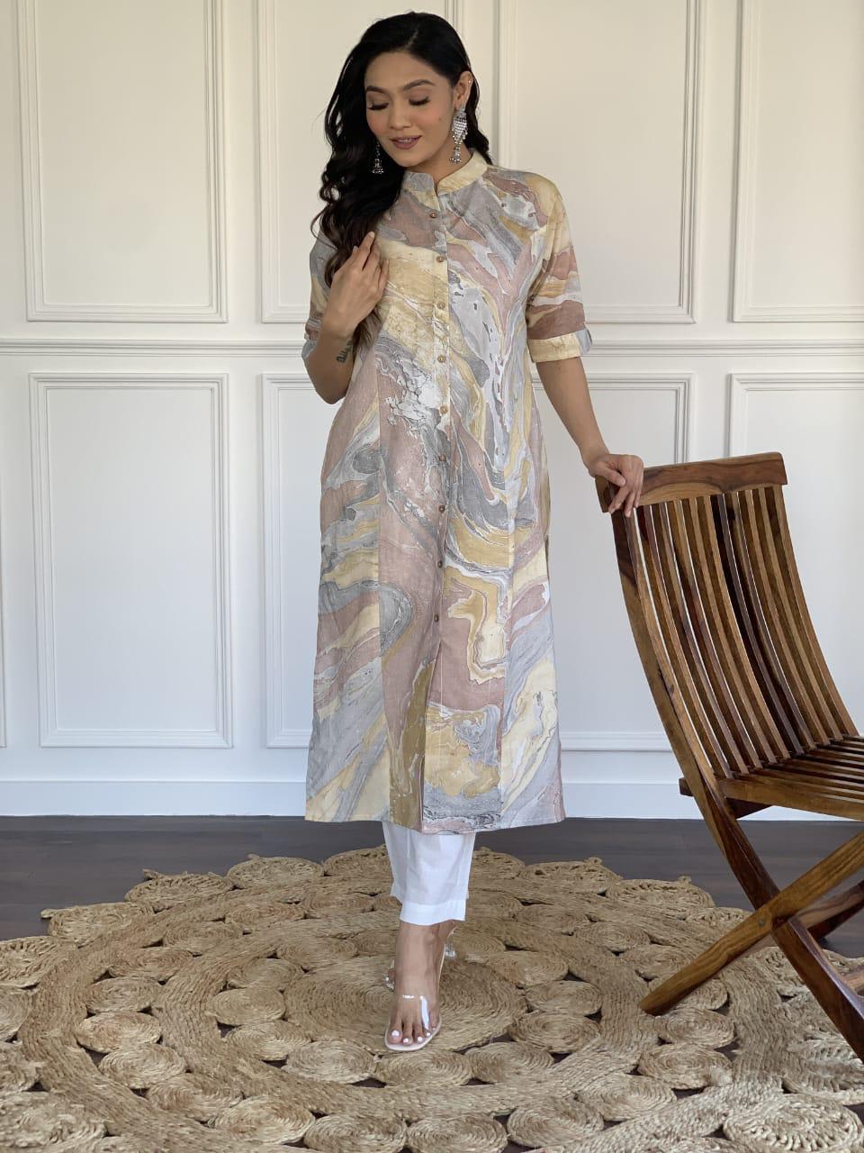 marble print  kurti With pant with samosa lace.