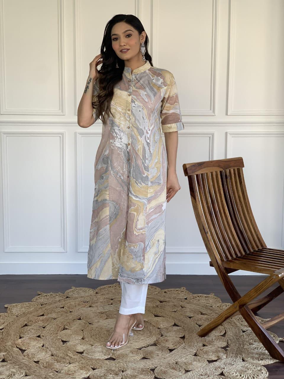 marble print  kurti With pant with samosa lace.