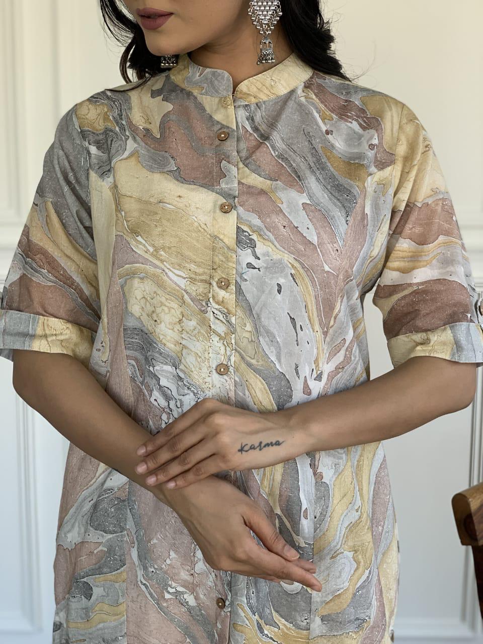 marble print  kurti With pant with samosa lace.