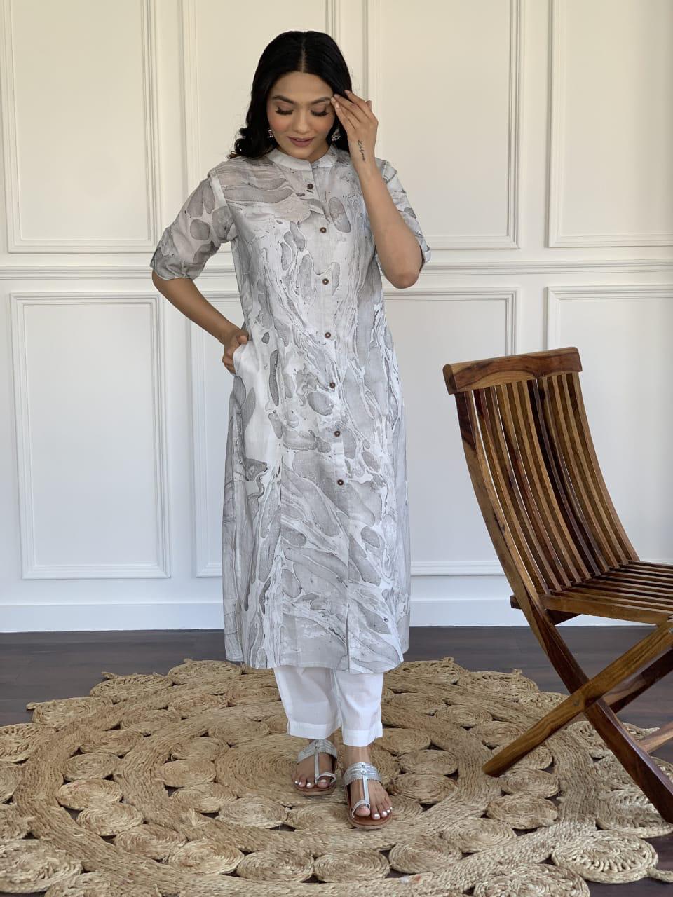 marble print  kurti With pant with samosa lace.