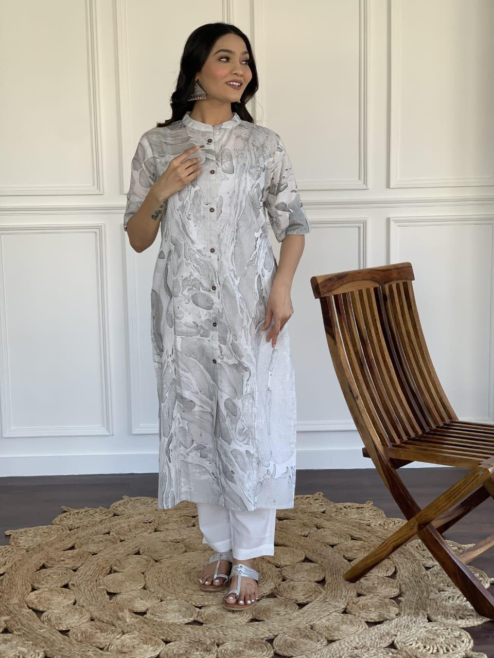 marble print  kurti With pant with samosa lace.