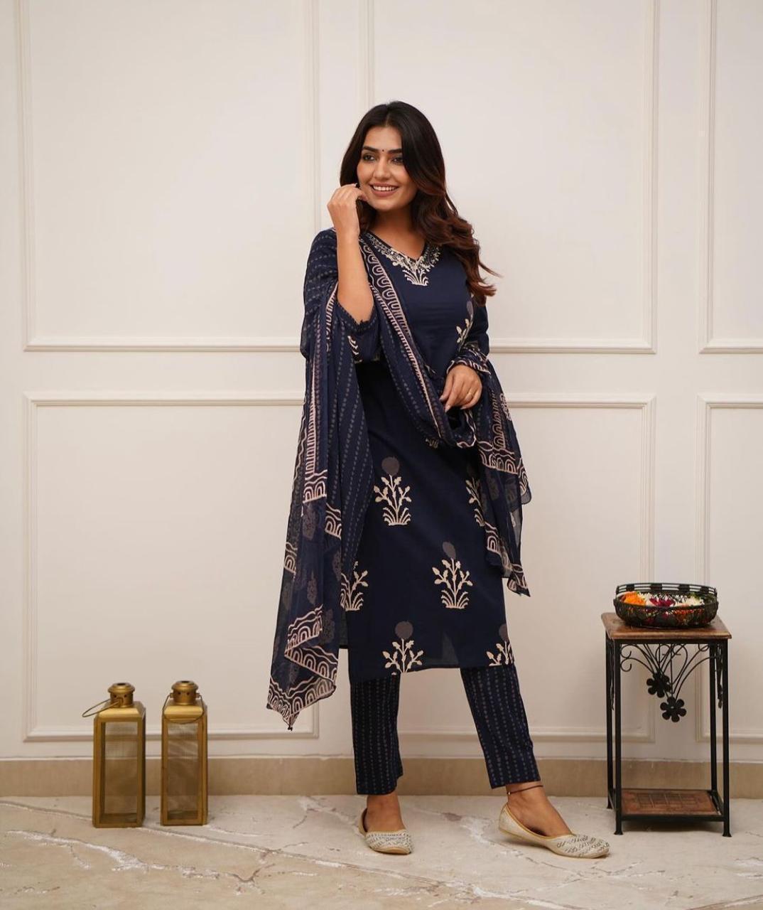 New Blue Discharge Printed suit set cottonâ€¦.Dupatta pant set