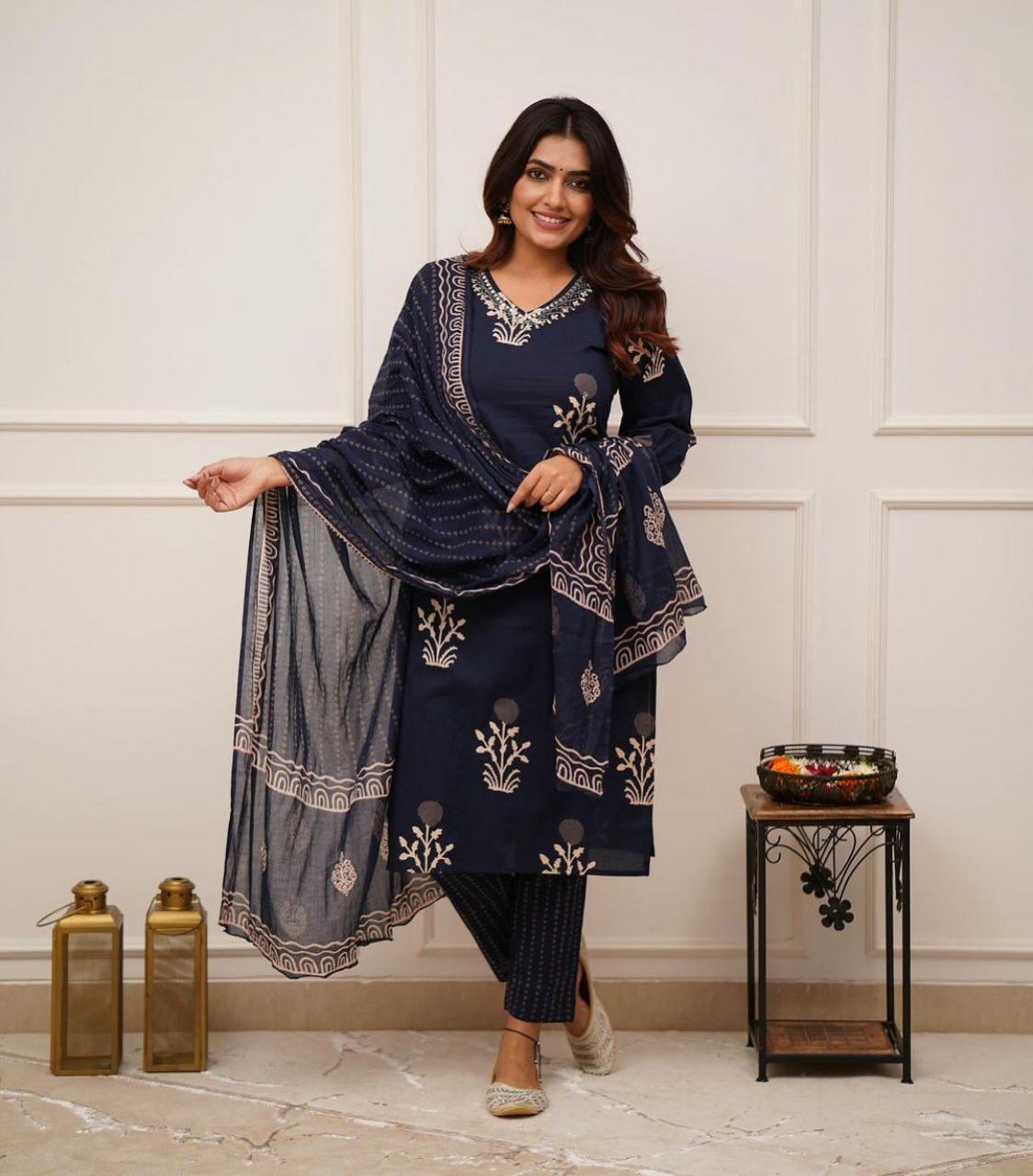 New Blue Discharge Printed suit set cottonâ€¦.Dupatta pant set