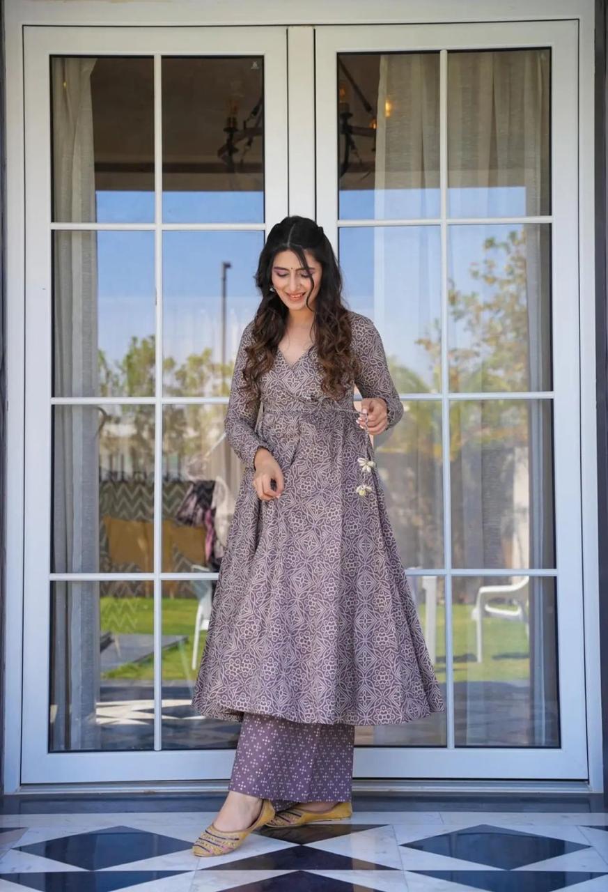 Anarkali angrakha dress Bandej Print Kurti gown with tussles with plazzo pant with Beautiful Cotton Dupatta