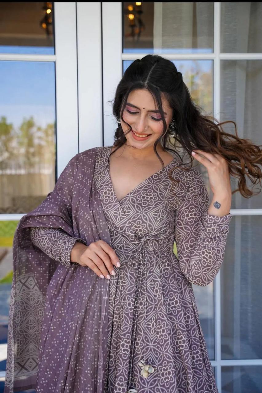 Anarkali angrakha dress Bandej Print Kurti gown with tussles with plazzo pant with Beautiful Cotton Dupatta