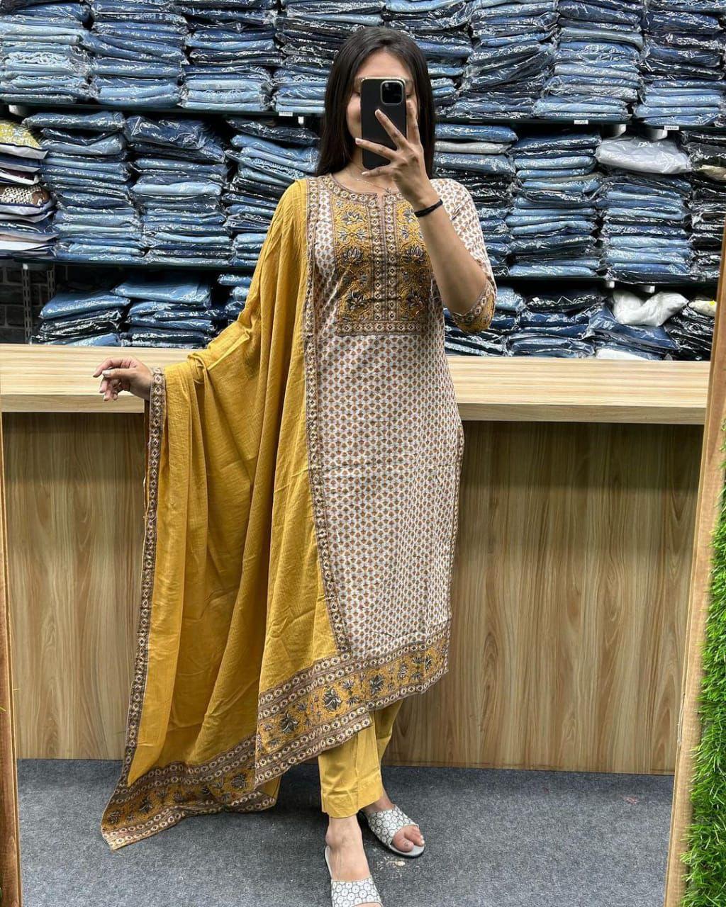 Beautiful  suit set which is decorated with finest handwork and prints.