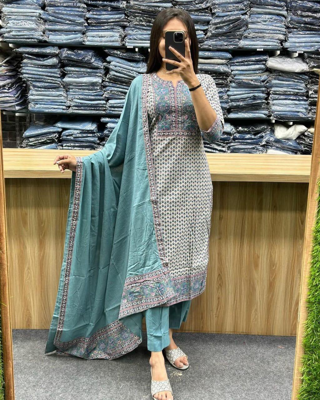 Beautiful  suit set which is decorated with finest handwork and prints.