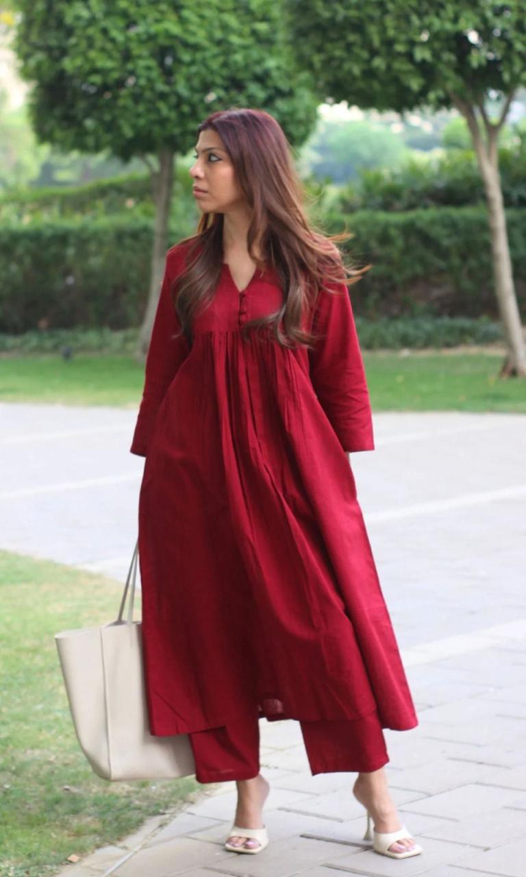 Cotton Pleated Buttoned Maroon Coord Set