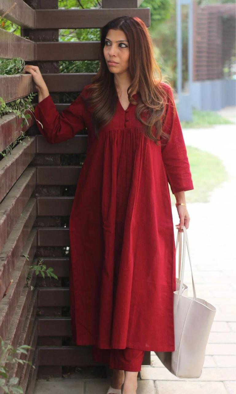 Cotton Pleated Buttoned Maroon Coord Set
