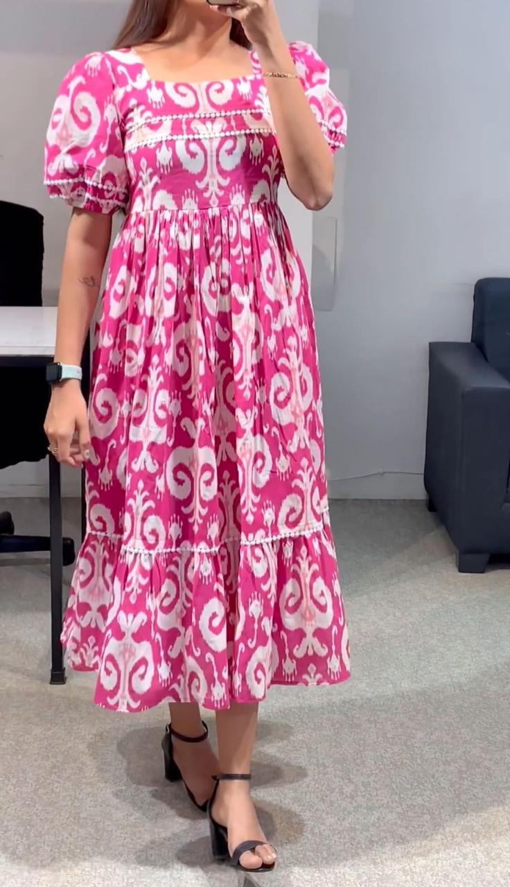 Deep Pink Maxi Dress Ikkat Print, Square Neckline With Short Sleeves.