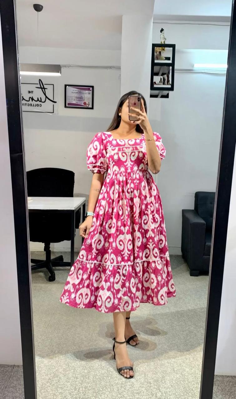 Deep Pink Maxi Dress Ikkat Print, Square Neckline With Short Sleeves.