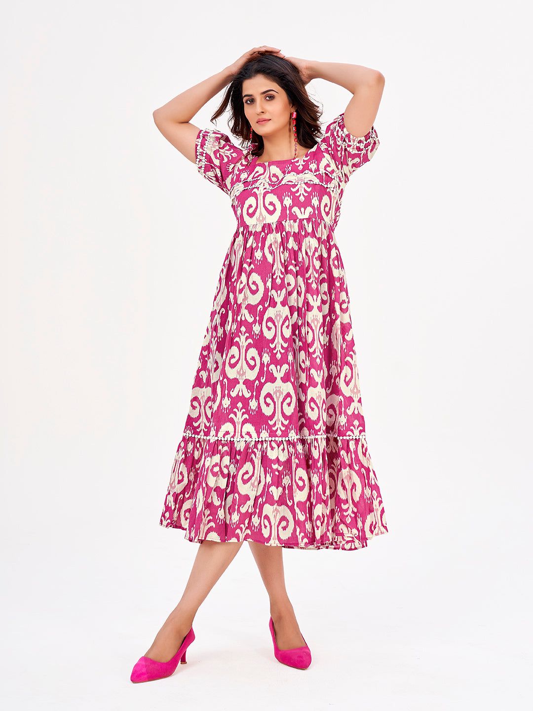 Deep Pink Maxi Dress Ikkat Print, Square Neckline With Short Sleeves.