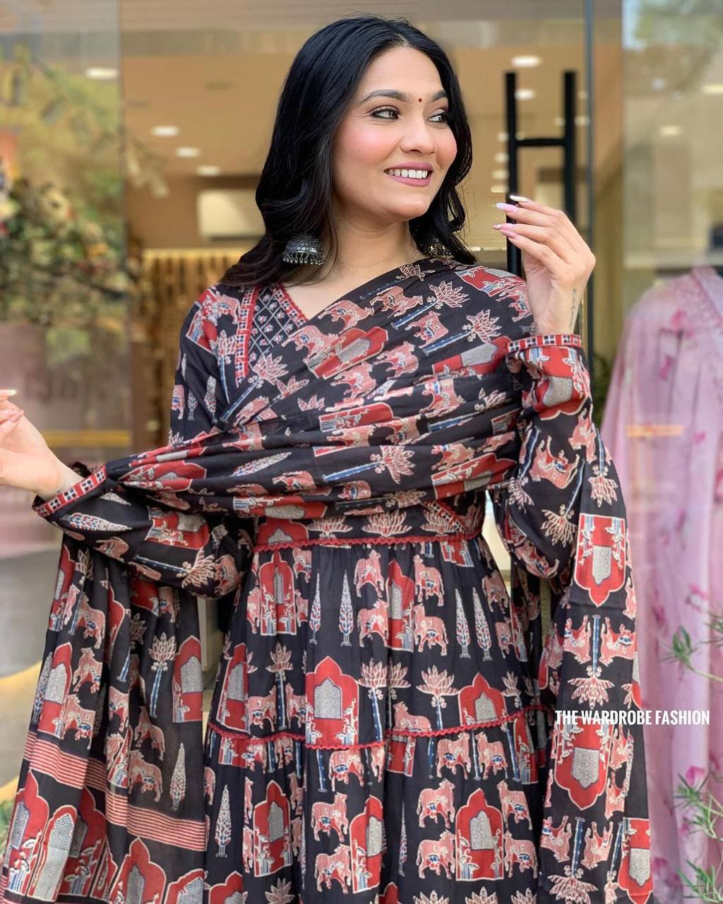 PURE COTTON AJRAKH PRINT ANARKALI KURTI WITH FULL FLAIR